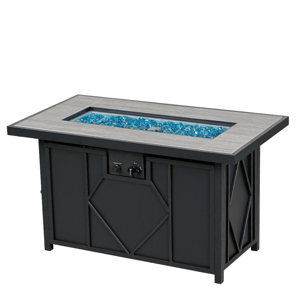 Fire Pit Table, Rectangle Black Steel with Wood-Grain Tile Top