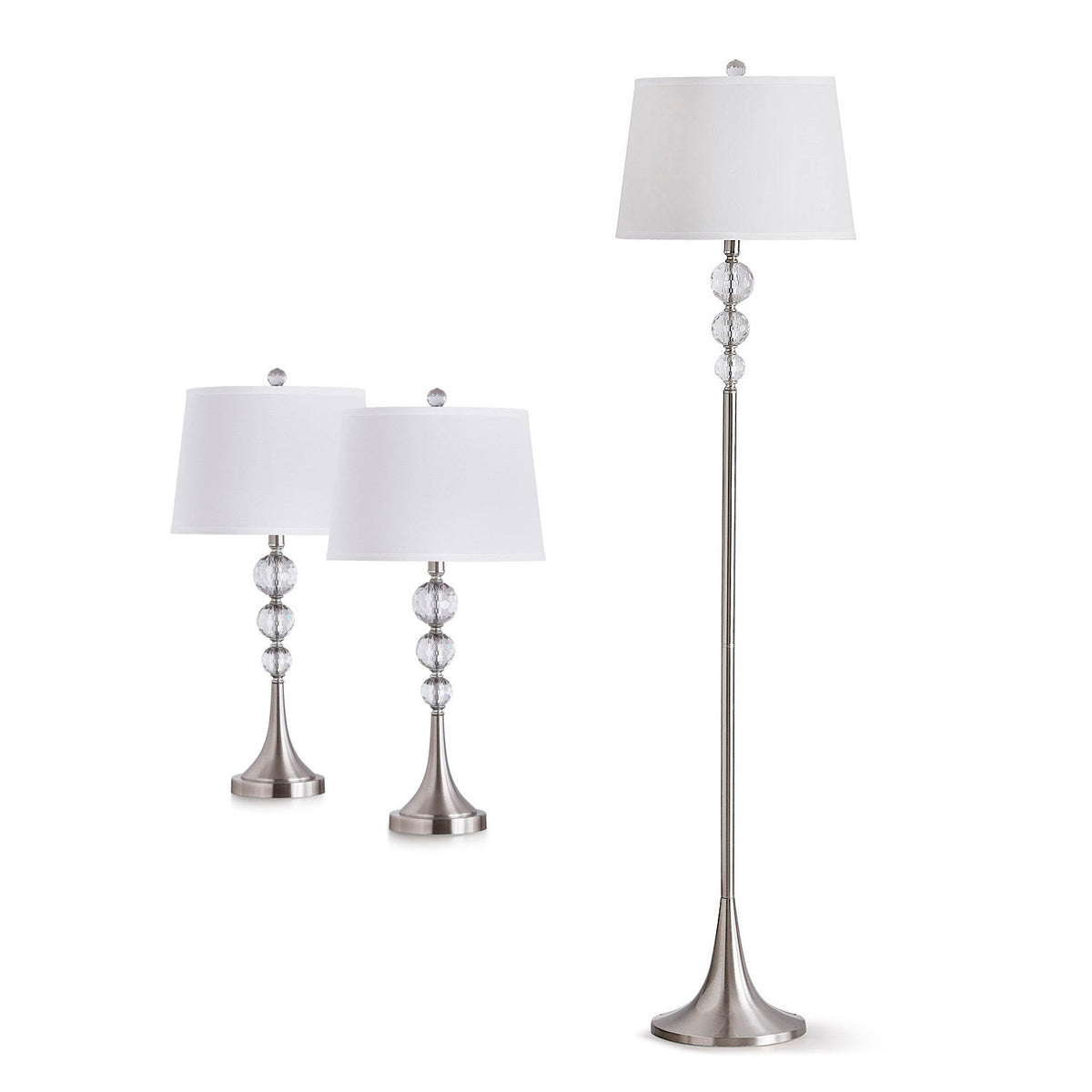 Floor Lamp, 3-Light Crystal and Metal in Brushed Nickel with White Shade
