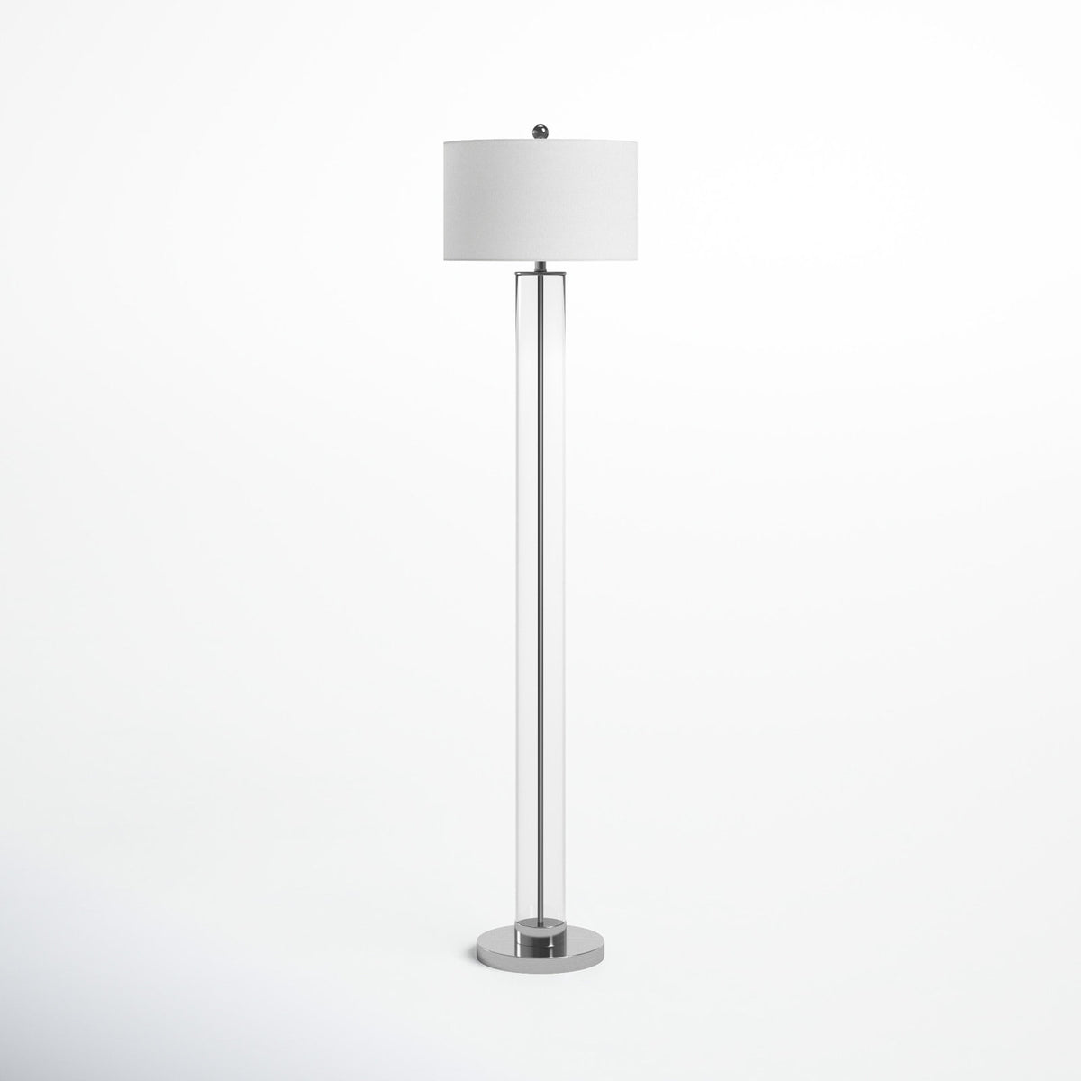 Floor Lamp, 64 Inch, Silver Metal and Glass with White Drum Shade