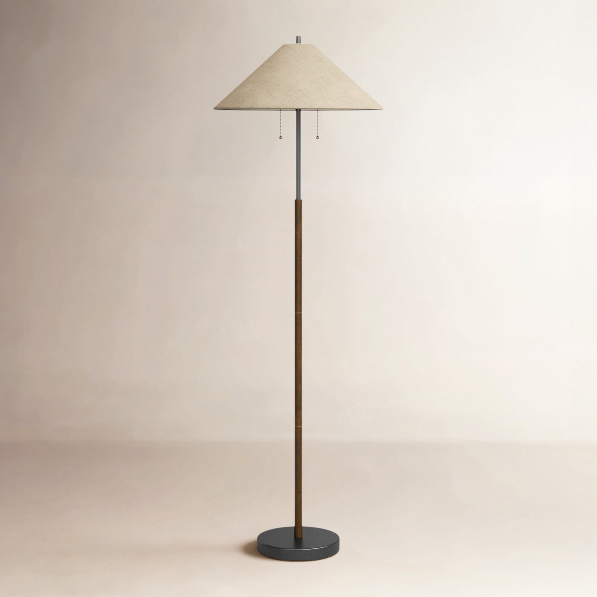 Floor Lamp in Solid Wood and Metal, Light Brown Shade with Walnut and Black Base