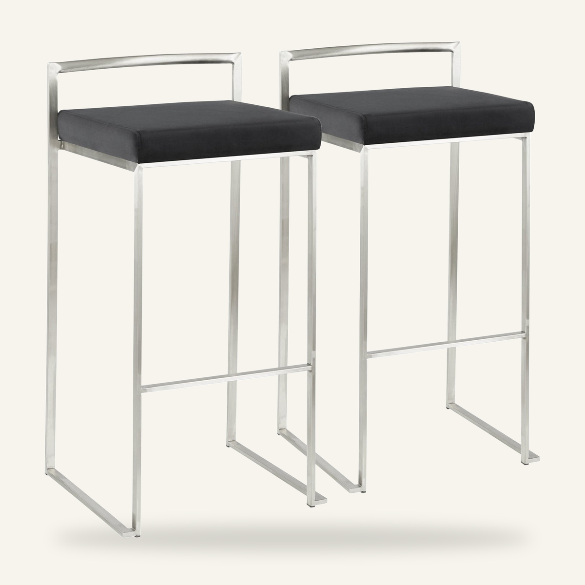 Bar Stools, Set of 2, Black Faux Leather, Stainless Steel Sled Legs