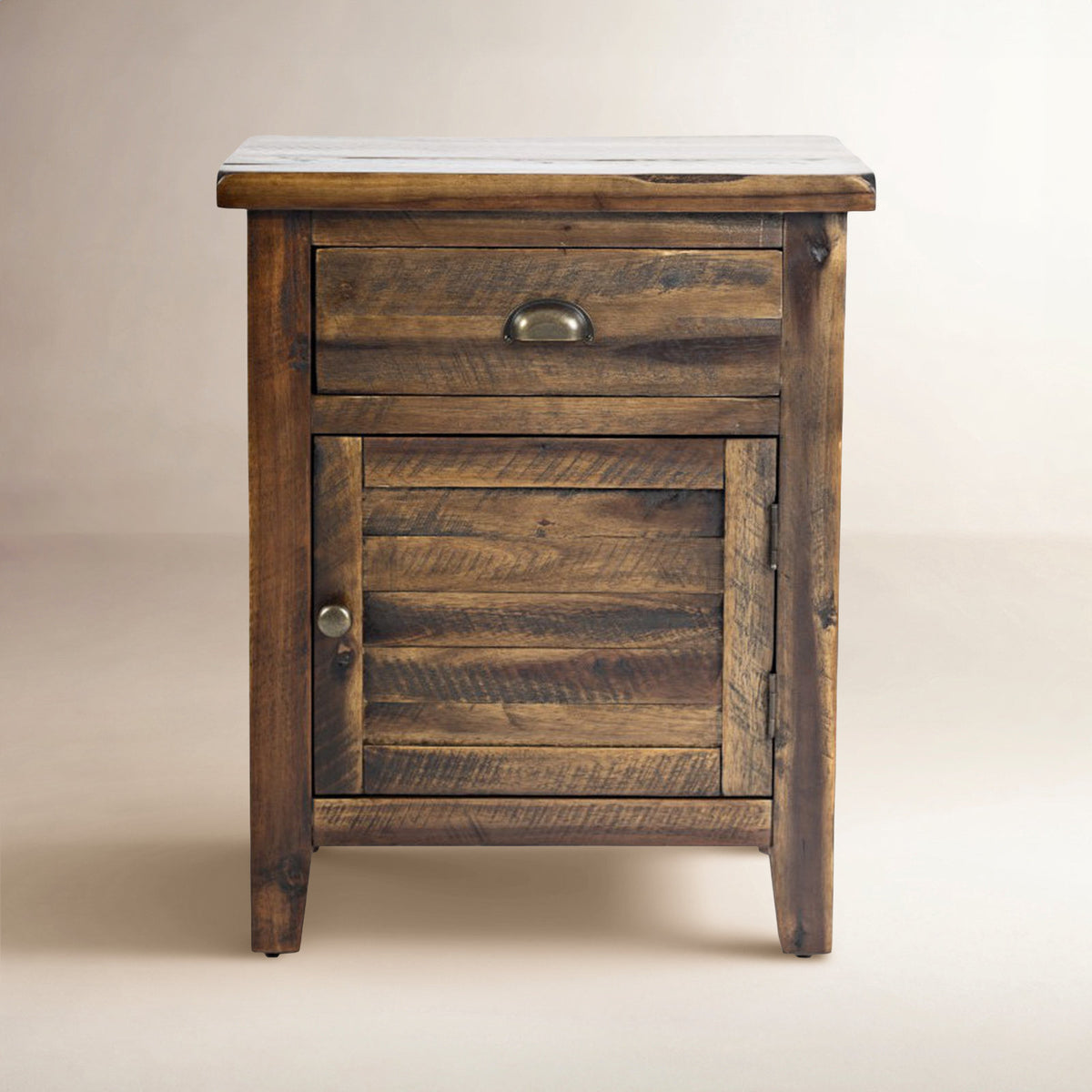 Nightstand, 1 Drawer and 1 Door, Acacia and Manufactured Wood, Brown