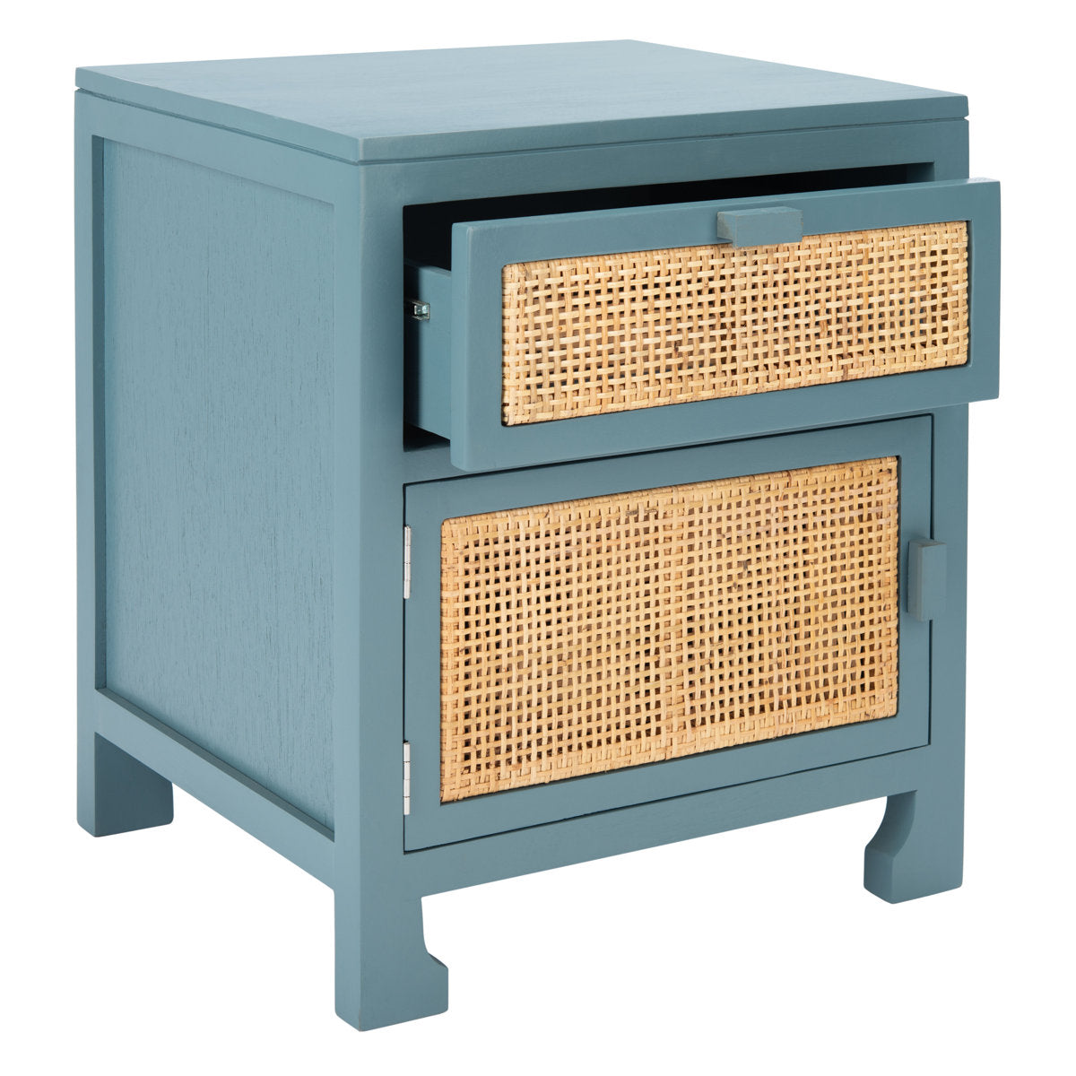 Nightstand, 1 Drawer and 1 Door, Solid Wood, Cane Panels, Blue Gray and Natural