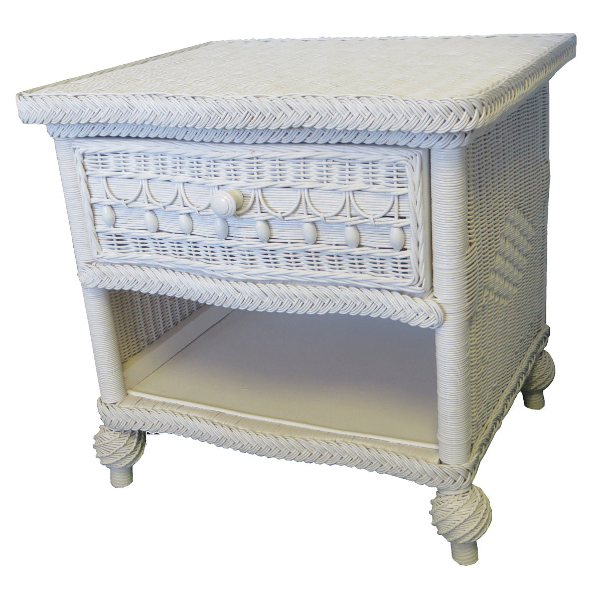 Nightstand, 1 Drawer, Solid Wood and Wicker Top, White