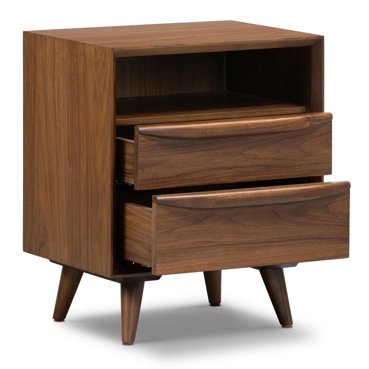 Nightstand, 2 Drawers and Shelf, Solid Walnut Wood, Black Walnut Color