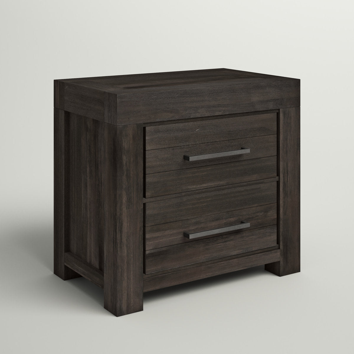 Nightstand, 2 Drawers, Solid Acacia Wood, Basalt Gray, Bronze Pulls
