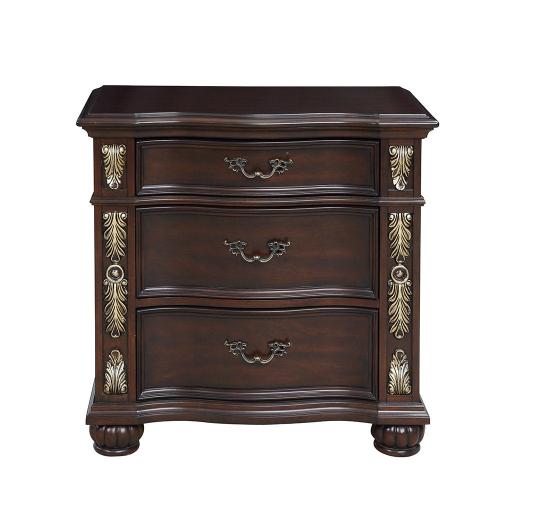 Nightstand, 3-Drawer Solid Wood, Madeira Finish, Bronze Handles