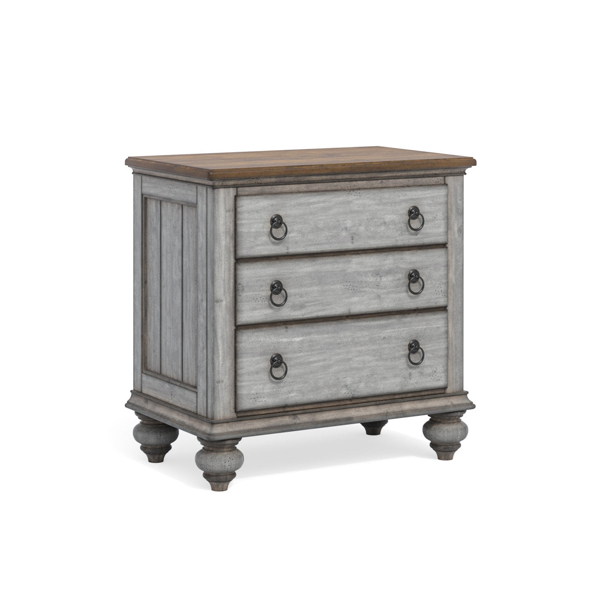 Nightstand, 3 Drawers, Solid Acacia Wood, Gray Wash with Brown Top
