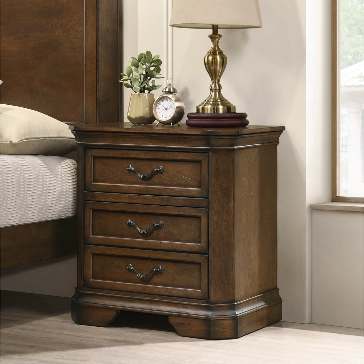 Nightstand, 3 Drawers, Solid Walnut Wood Frame, Brown