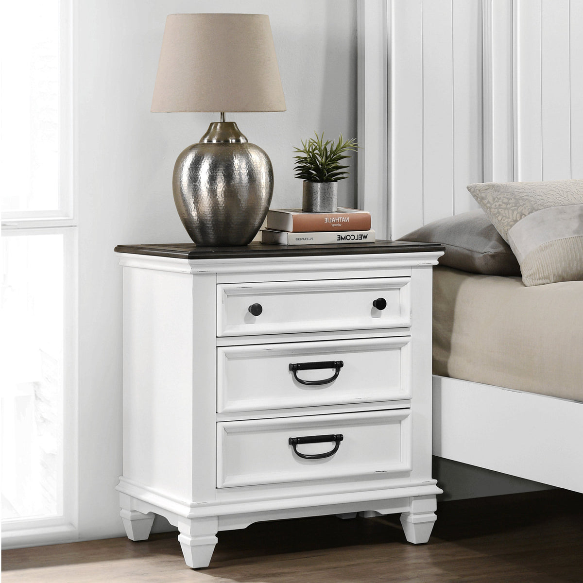 Nightstand, 3 Drawers, Solid Wood Frame, Weathered White