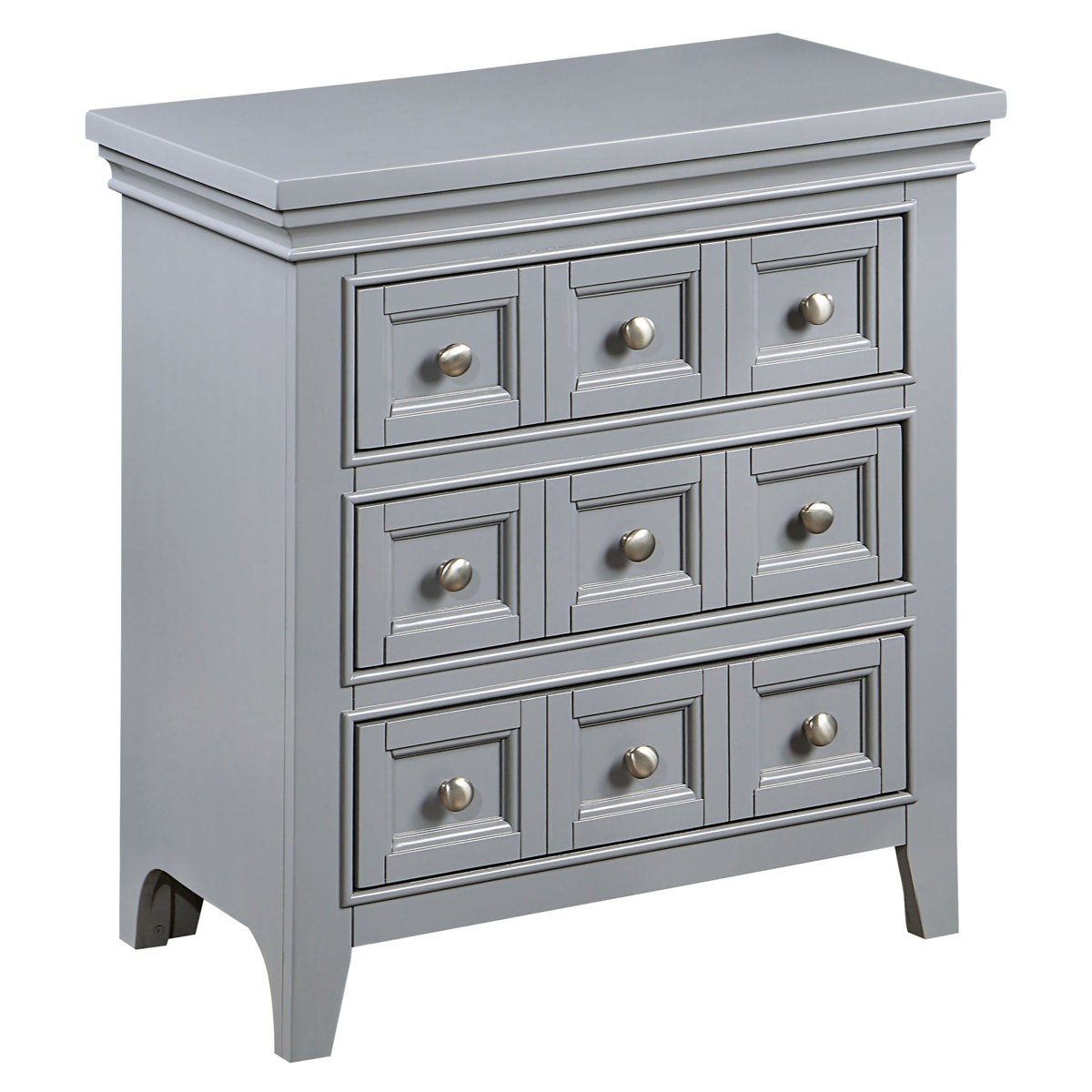 Nightstand, 3 Drawers, Solid Wood, Gray, Silver Round Knobs