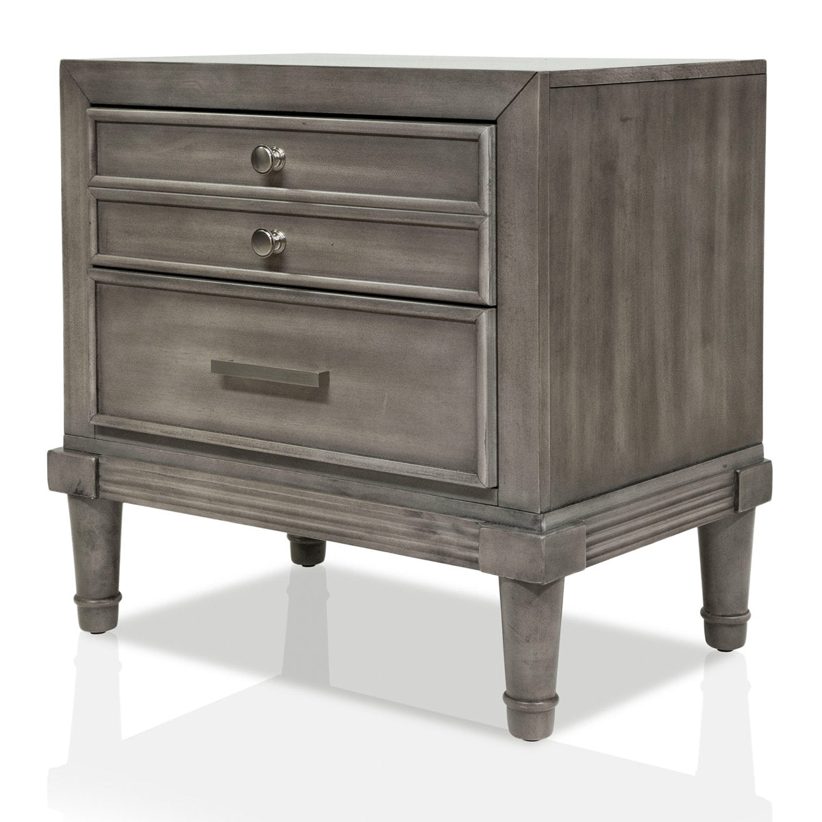 Nightstand, 3 Drawers, Solid Wood, Silver Handles, Gray