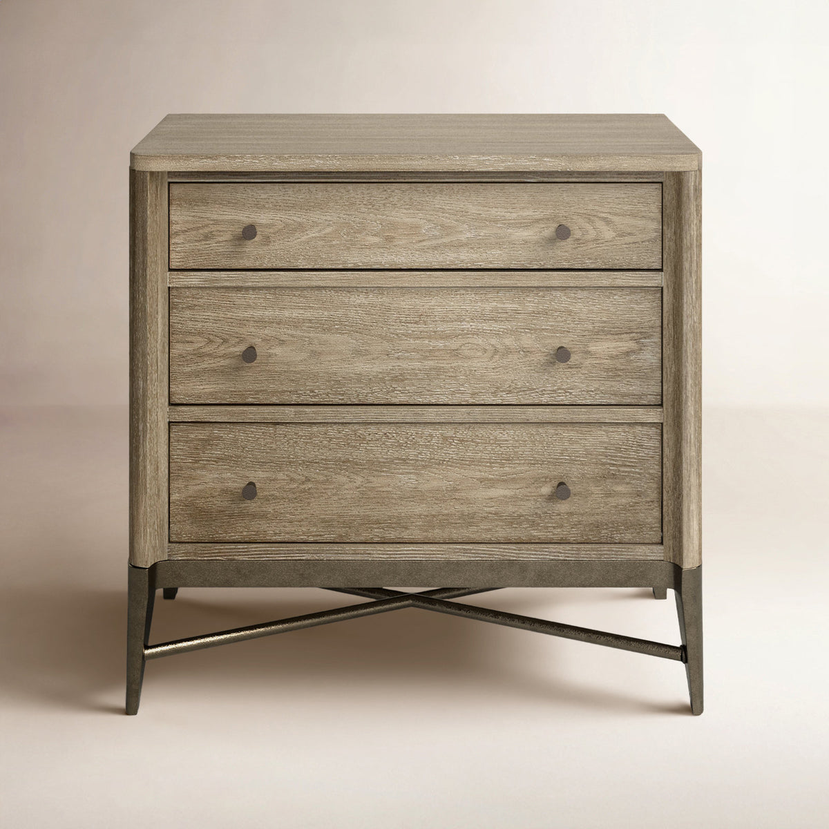 Nightstand, 3 Drawers, Solid Wood with Oak Veneers, Metal Base, USB Ports