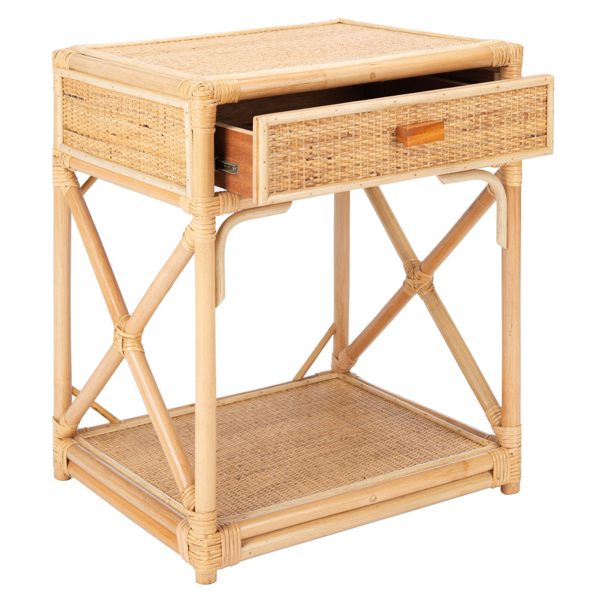 Nightstand, Natural Wicker Rattan Frame, Solid Wood Top, 1 Drawer