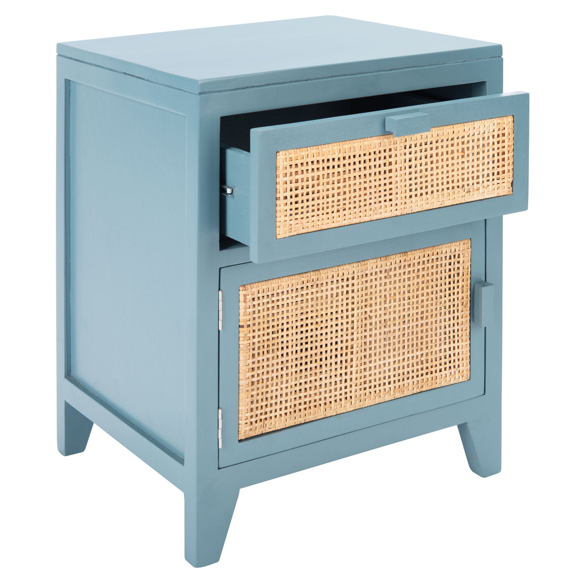 Nightstand, Solid Mahogany Wood, 1 Drawer, Rattan Accents, Blue Gray