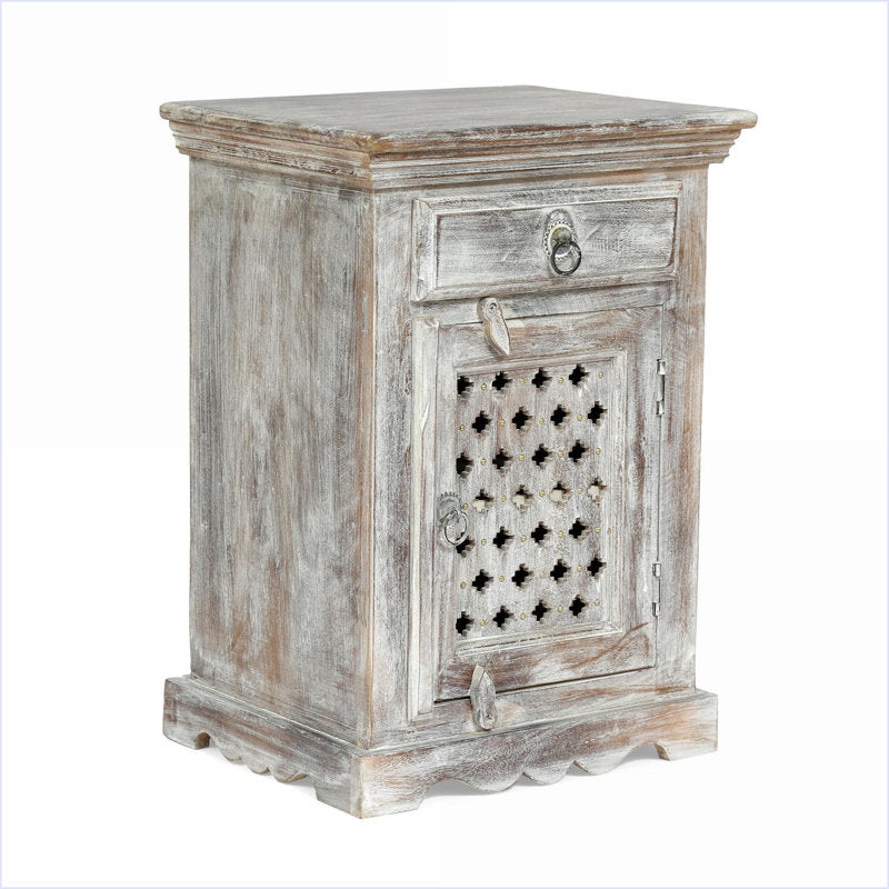 Nightstand, Solid Mango Wood, 1 Drawer and 1 Cabinet, Washed Finish