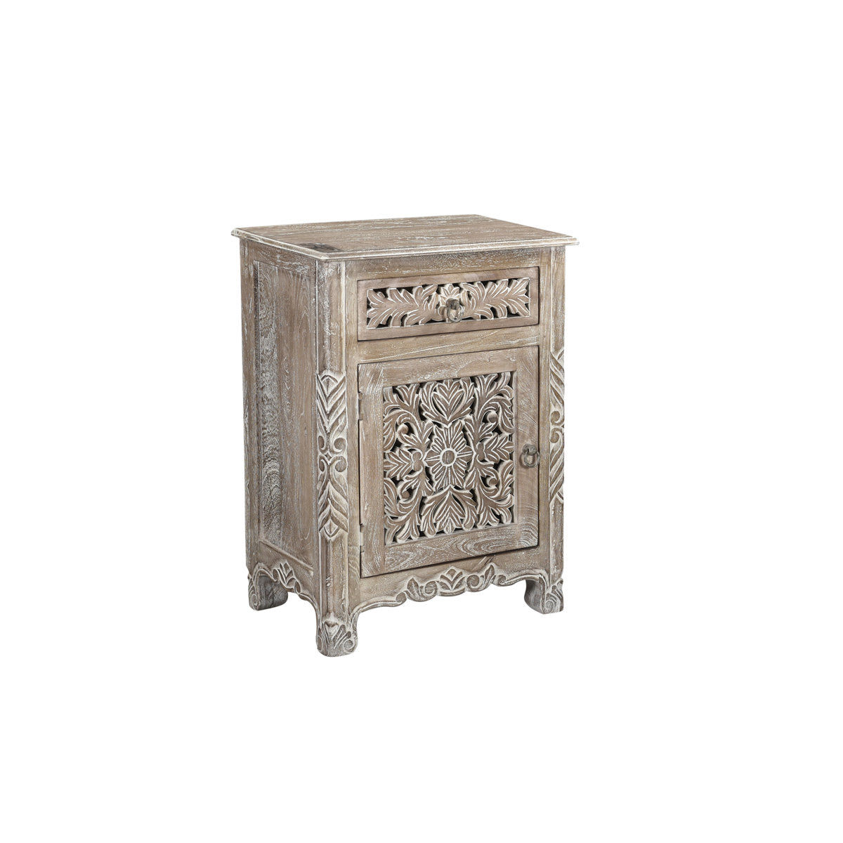 Nightstand, Solid Mango Wood, 1 Drawer and 1 Door, Limestone Beige