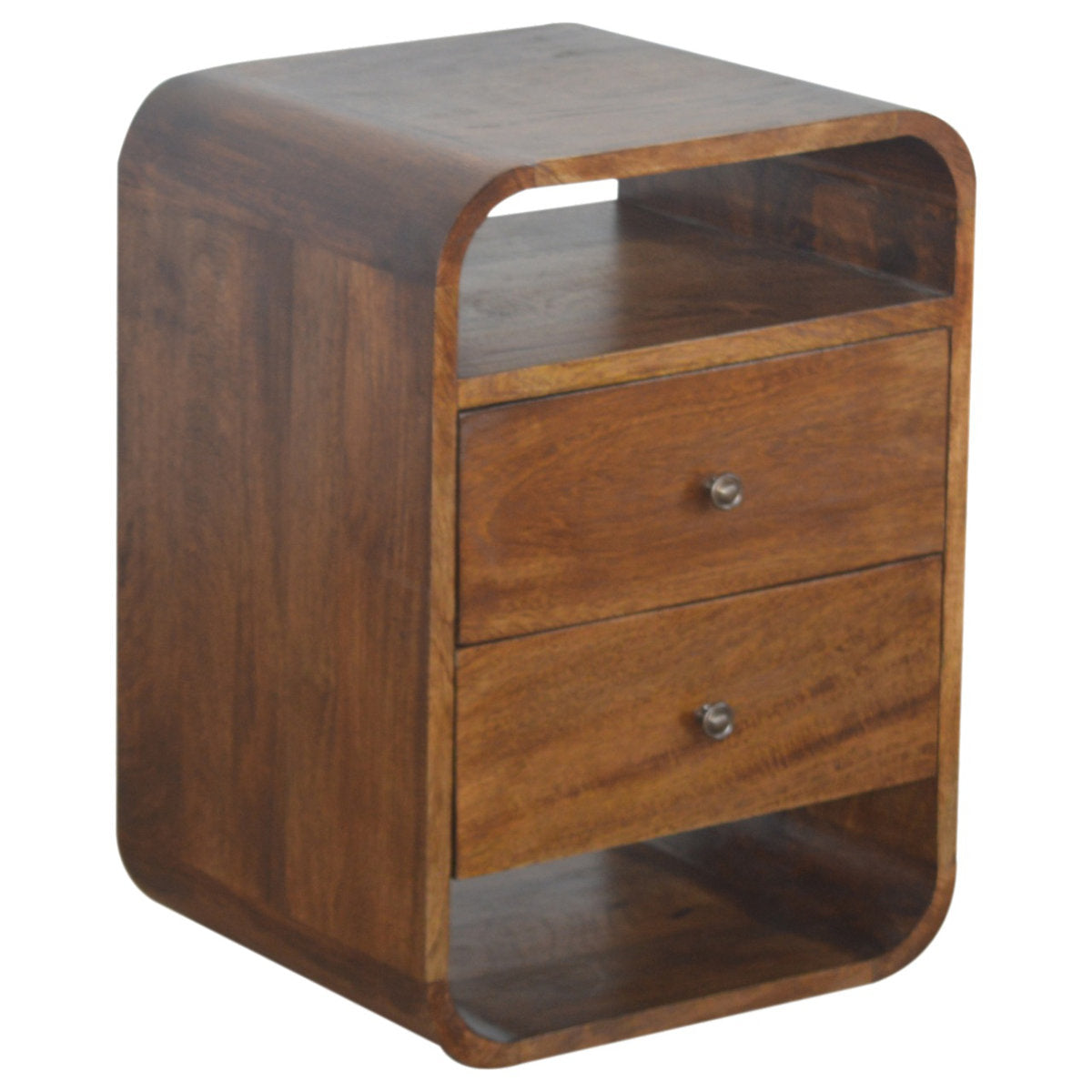 Nightstand, Solid Mango Wood, 2 Drawers, Open Shelf, Brown