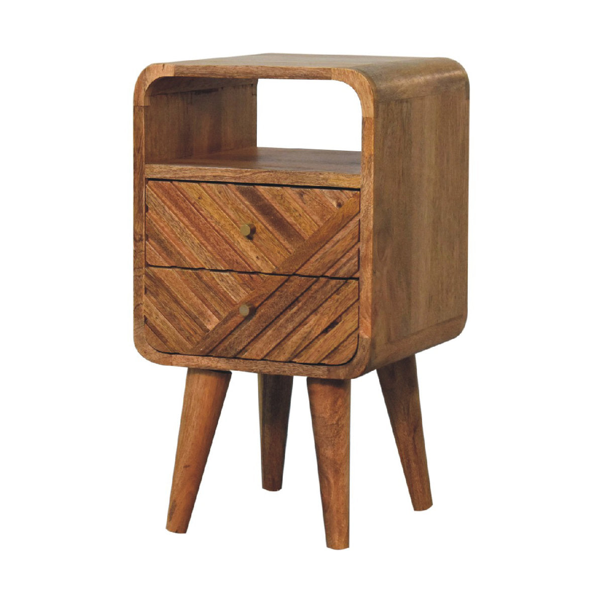 Nightstand, Solid Mango Wood, 2 Drawers, Open Shelf, Hand-Carved Fronts