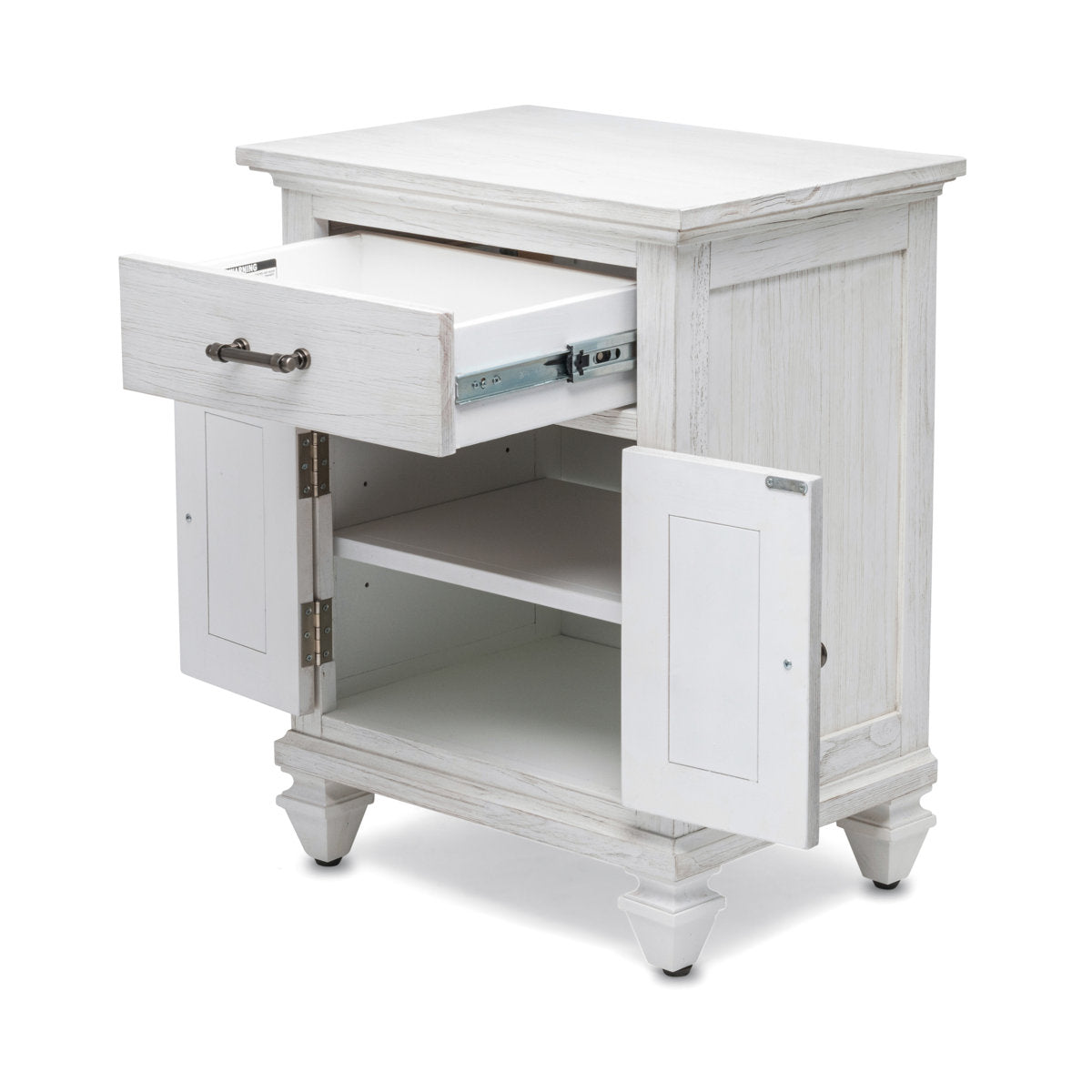 Nightstand, Solid Mindi Wood, 1 Drawer 2 Doors, USB-A Port, Weathered White