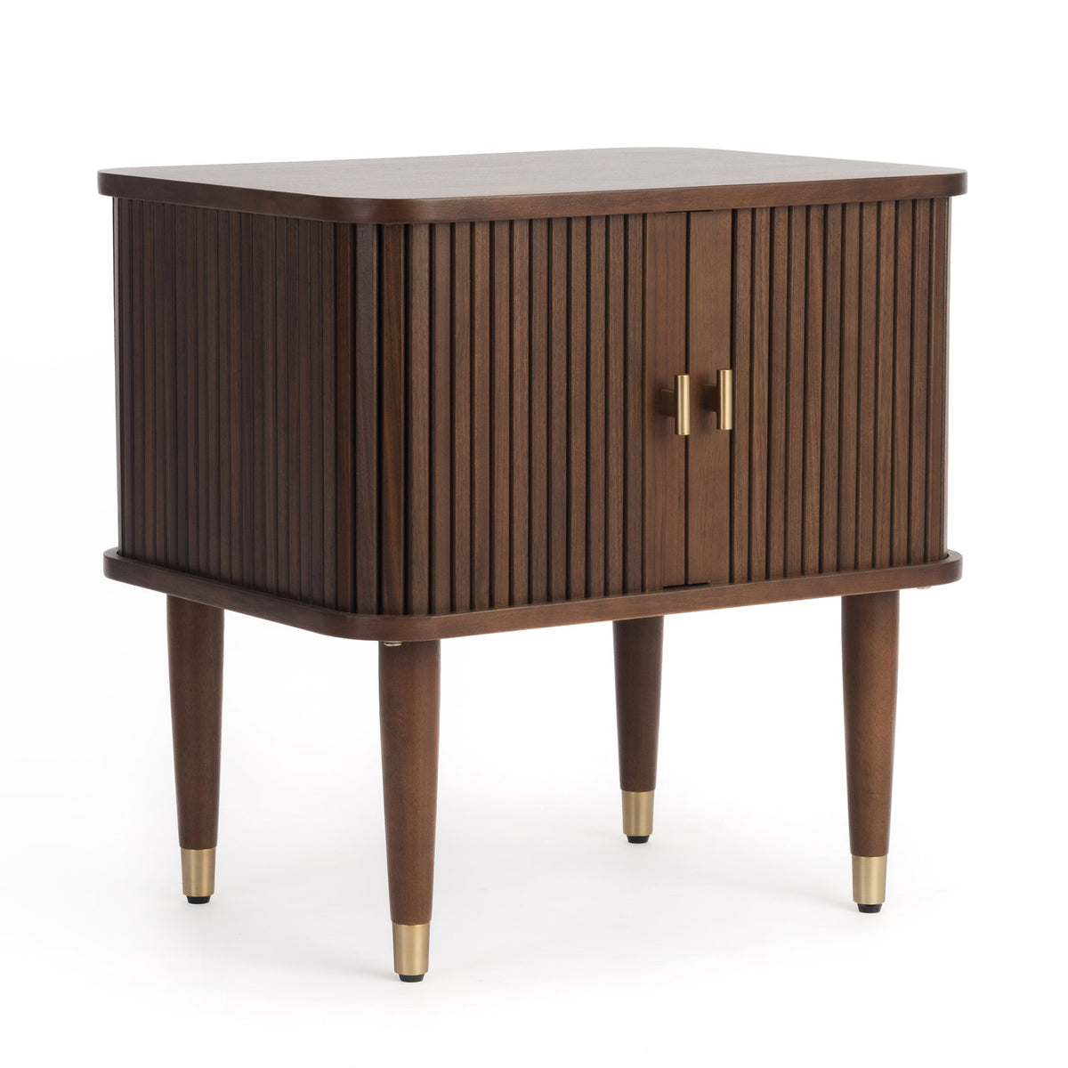 Nightstand, Solid Wood Frame, Sliding Tambour Doors, Brown Walnut