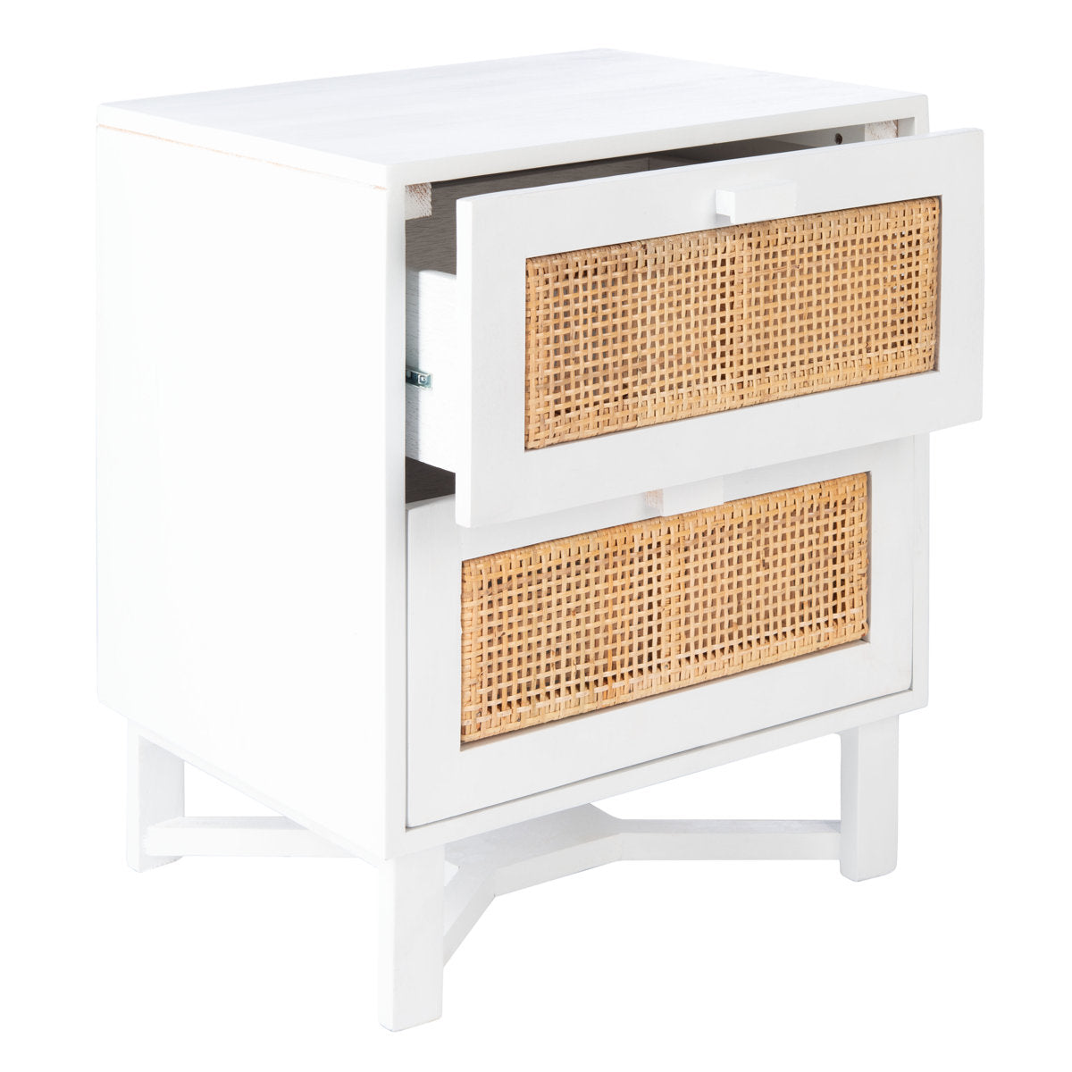 Nightstand, Solid Wood Mahogany Frame, Rattan Accents, White/Natural