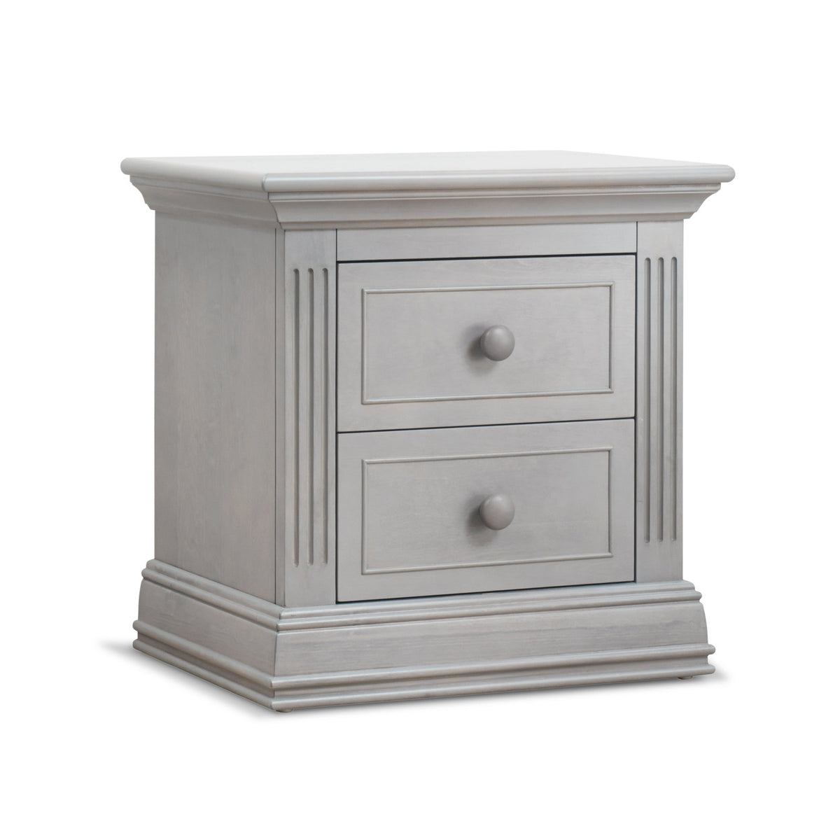 Nightstand with 2 Drawers in Stone Gray Poplar Wood and White Handles