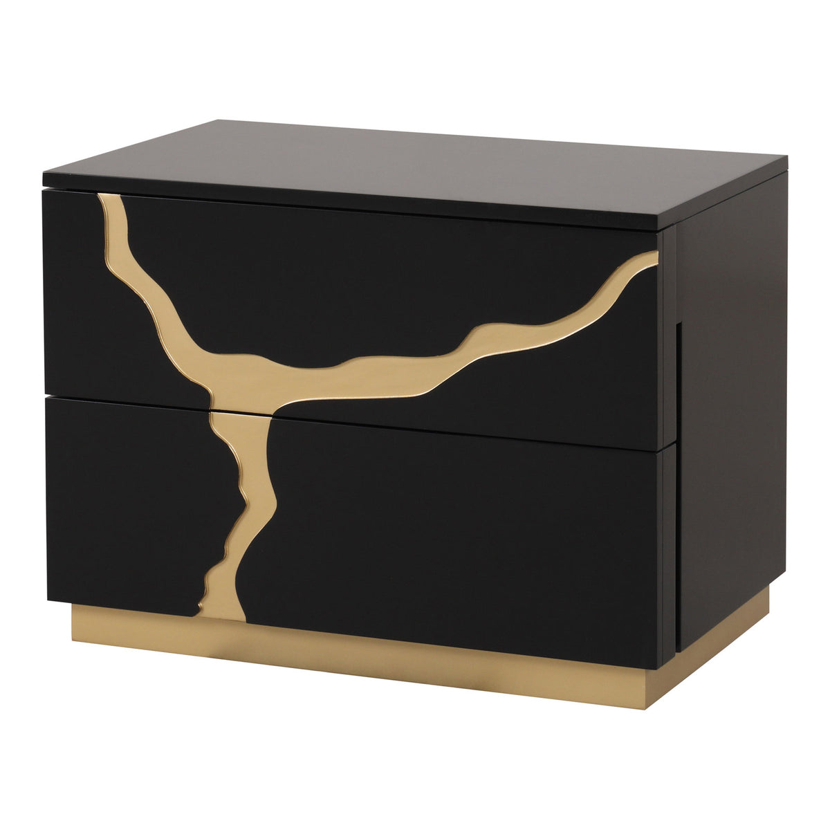 Nightstand with 2 Drawers, Solid Wood Frame, Black and Gold