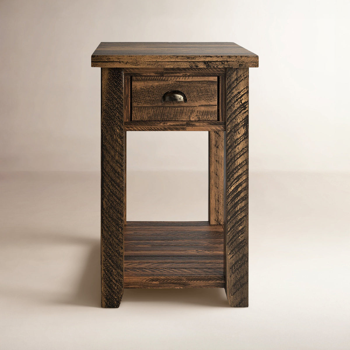 Nightstand with Drawer and Shelf in Oak, Solid Acacia Wood