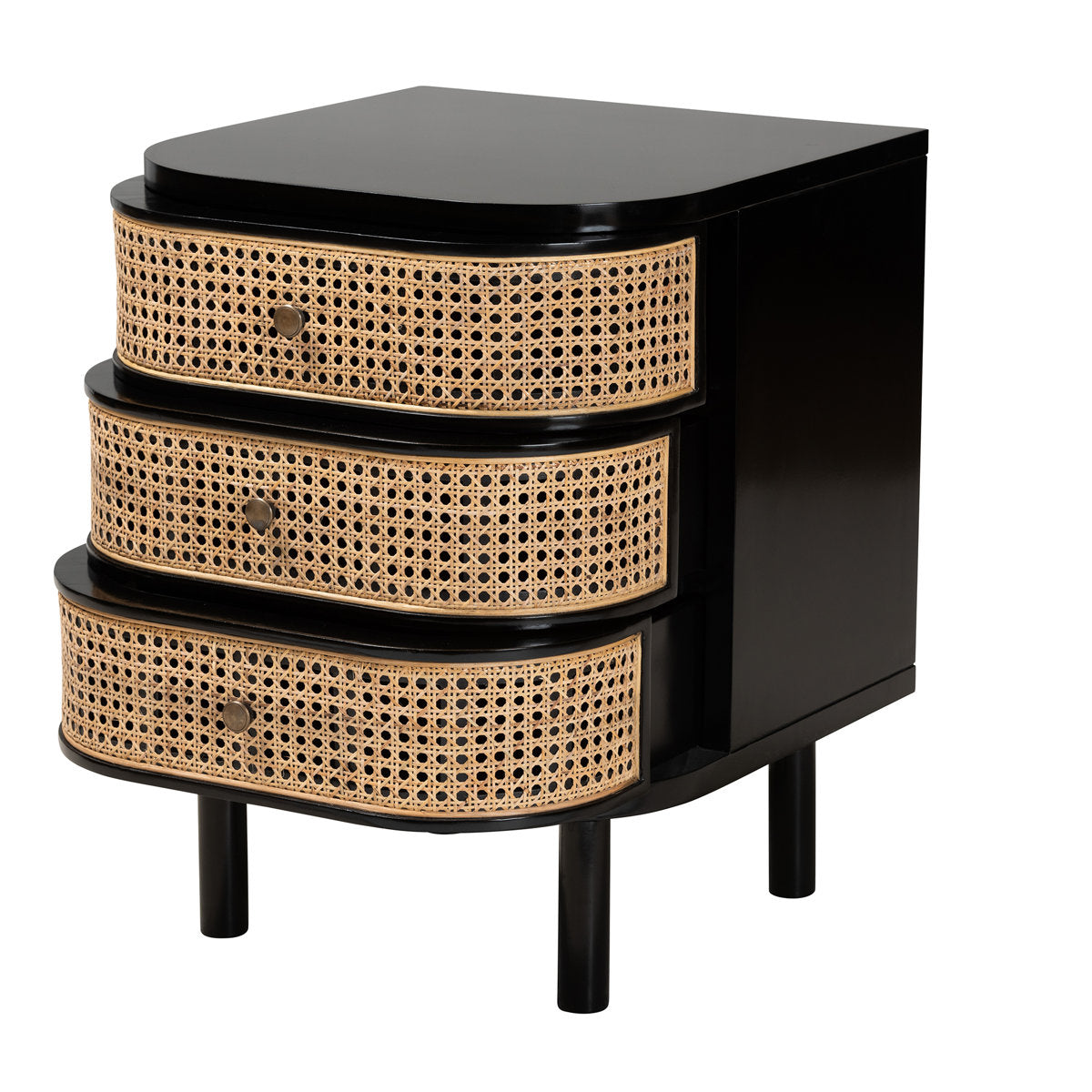 Nightstand with Three Drawers, Black Wood and Rattan