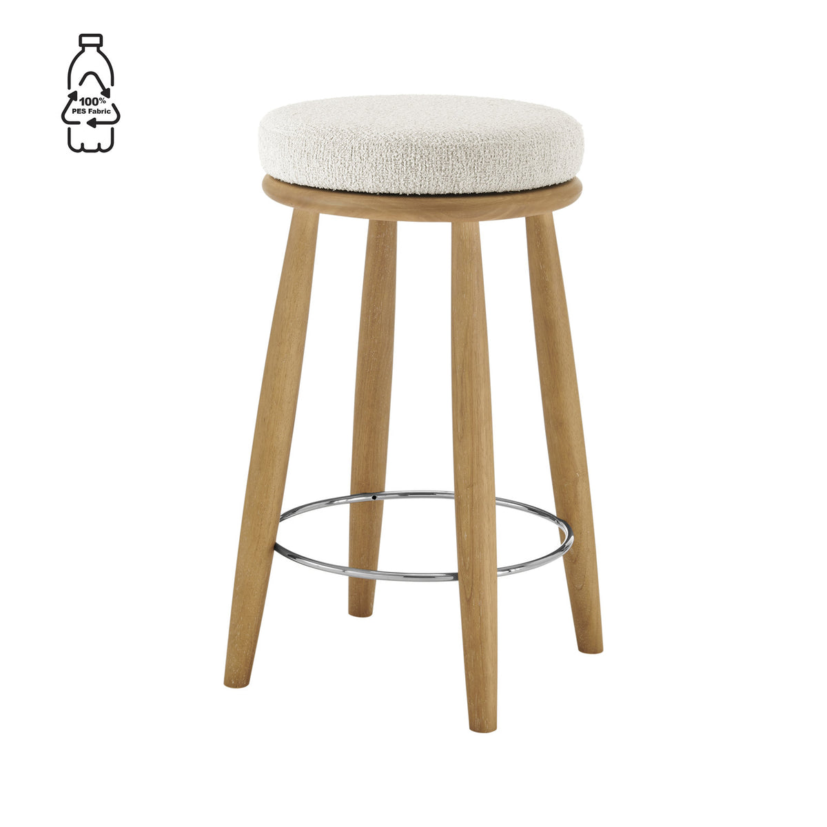 Counter Stool, Swivel Backless, Rubber Wood Legs, Beige Upholstered Seat