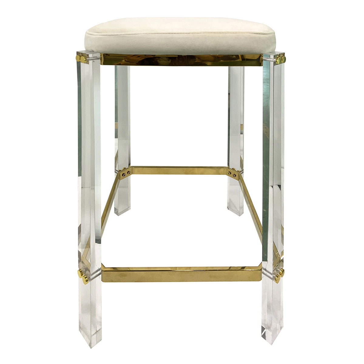 Counter Stool, Clear Acrylic Frame, Cream Upholstered Seat, Four Legs