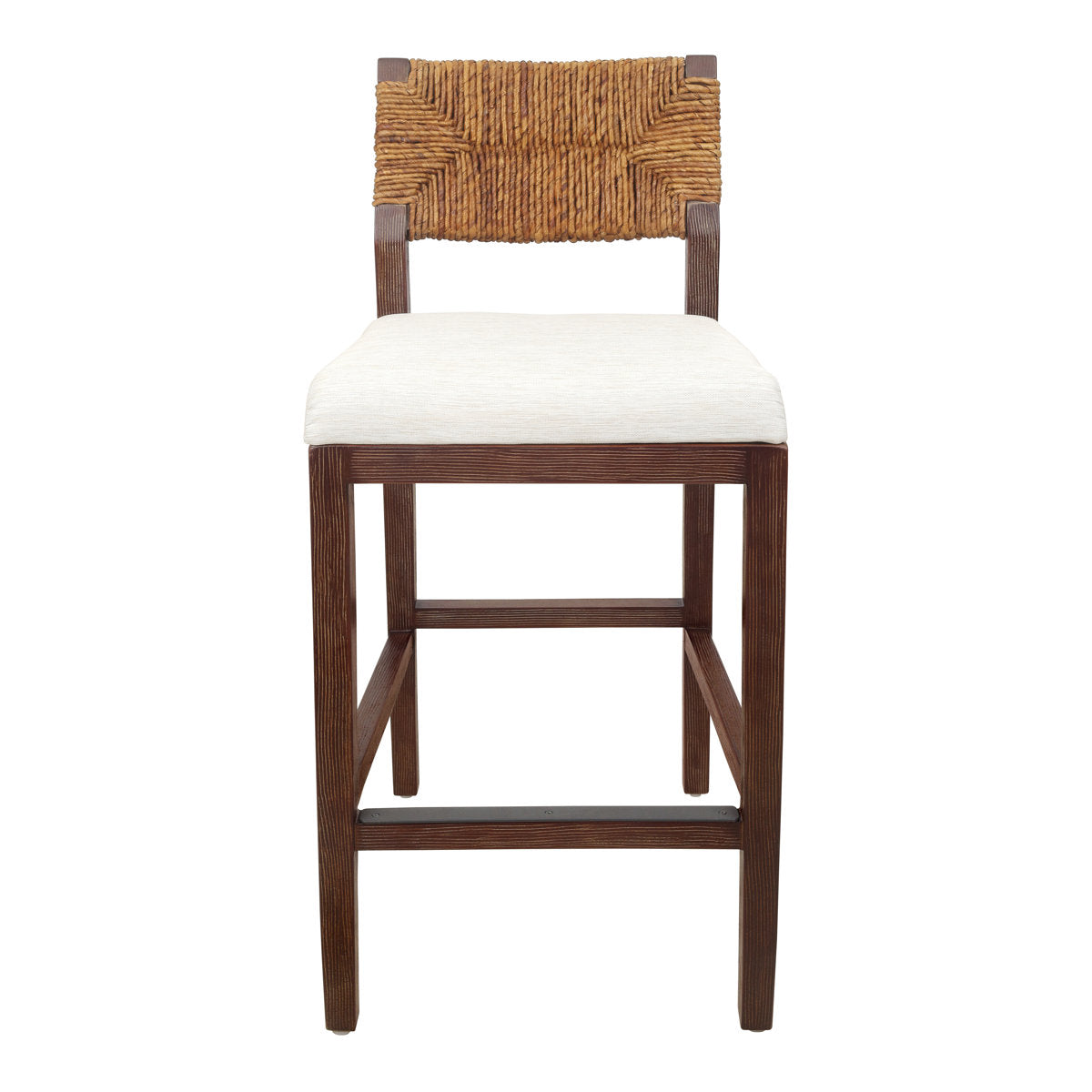 Counter Stool, Beige Polyester Seat, Mahogany Frame, 27 Inch Seat Height
