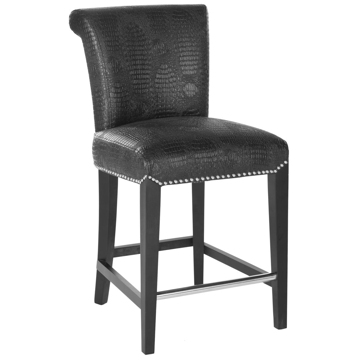 Counter Stool, Black Faux Leather Seat, Solid Wood Frame, Black Legs