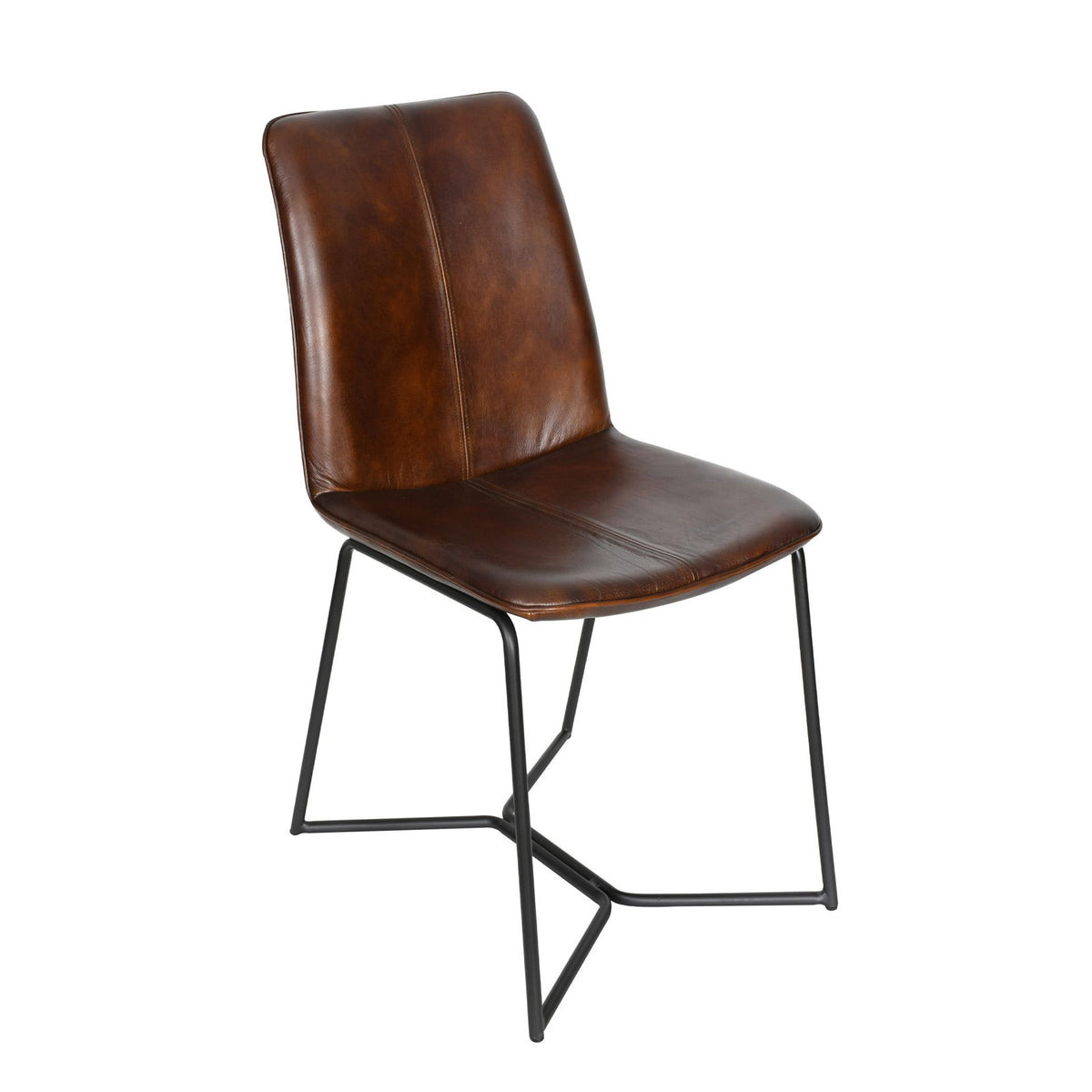 Side Chair, Genuine Leather, Hand Washed Chestnut, Black Metal Legs