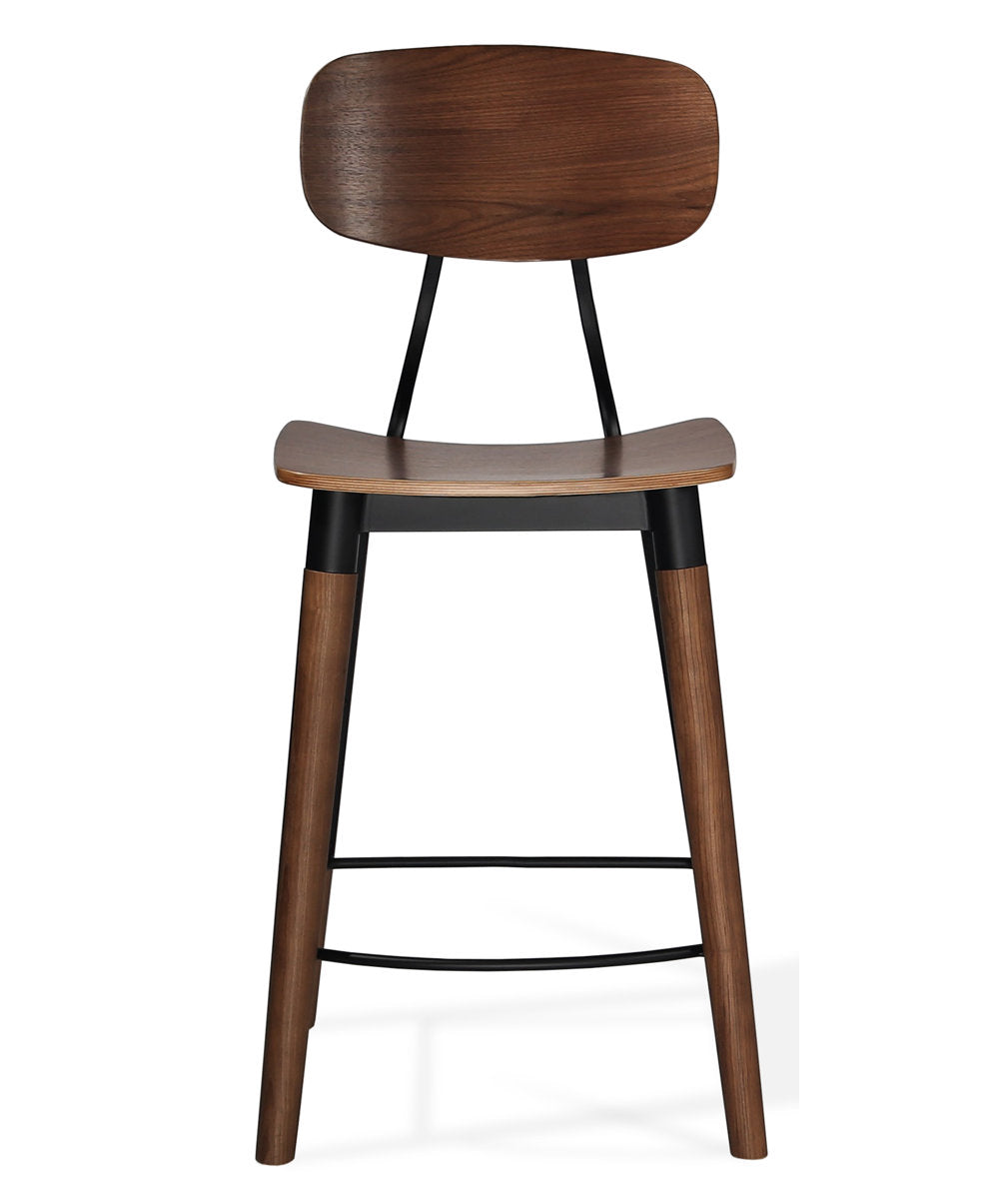 Counter Stool, 26 Inch Seat Height, Metal Frame, Walnut Manufactured Wood Seat