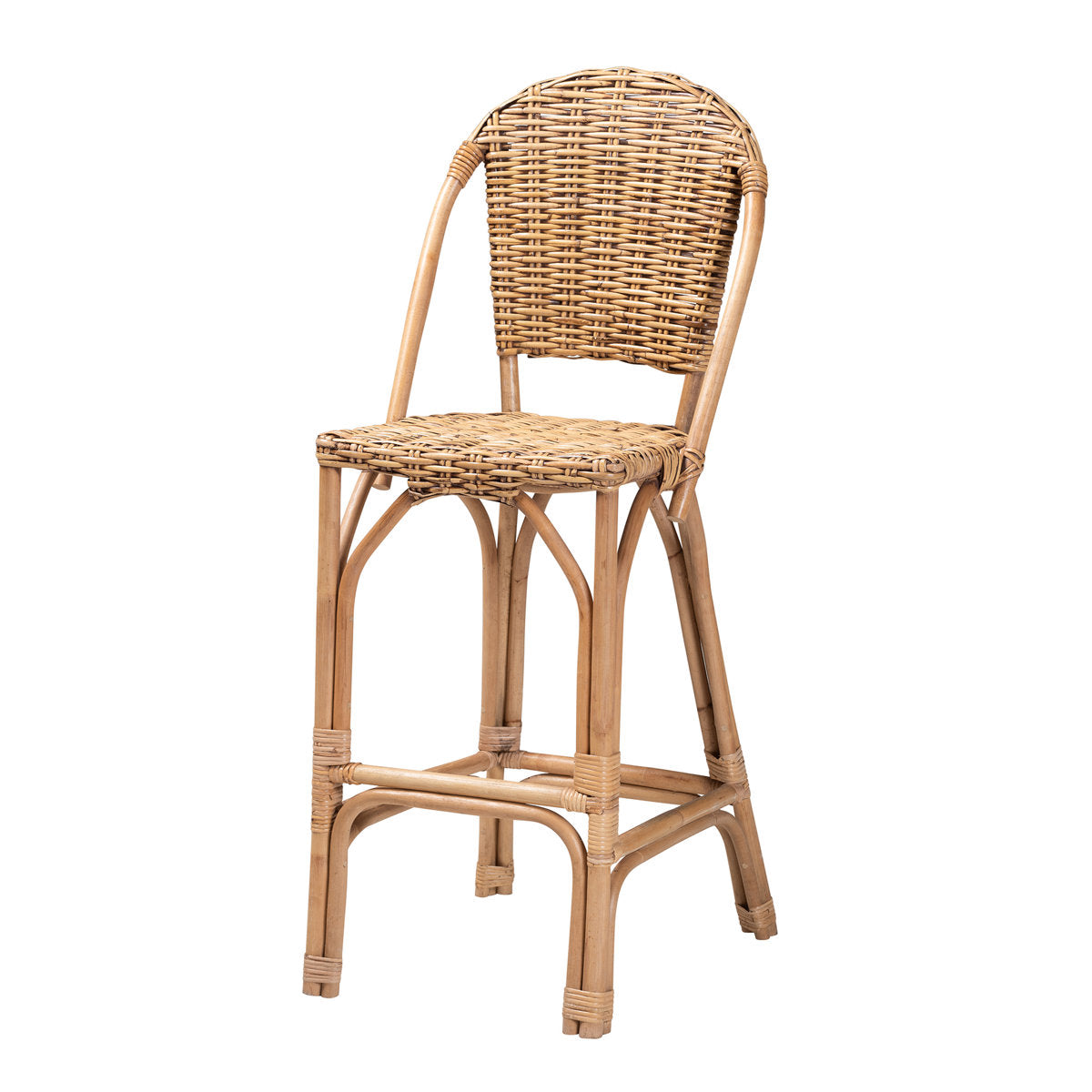 Bar Stool, Rattan Frame and Seat, Full Back, Natural Brown