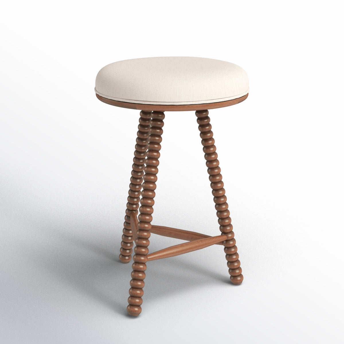 Counter Stool, Backless, Solid Oak Frame, White Linen Seat, Brown