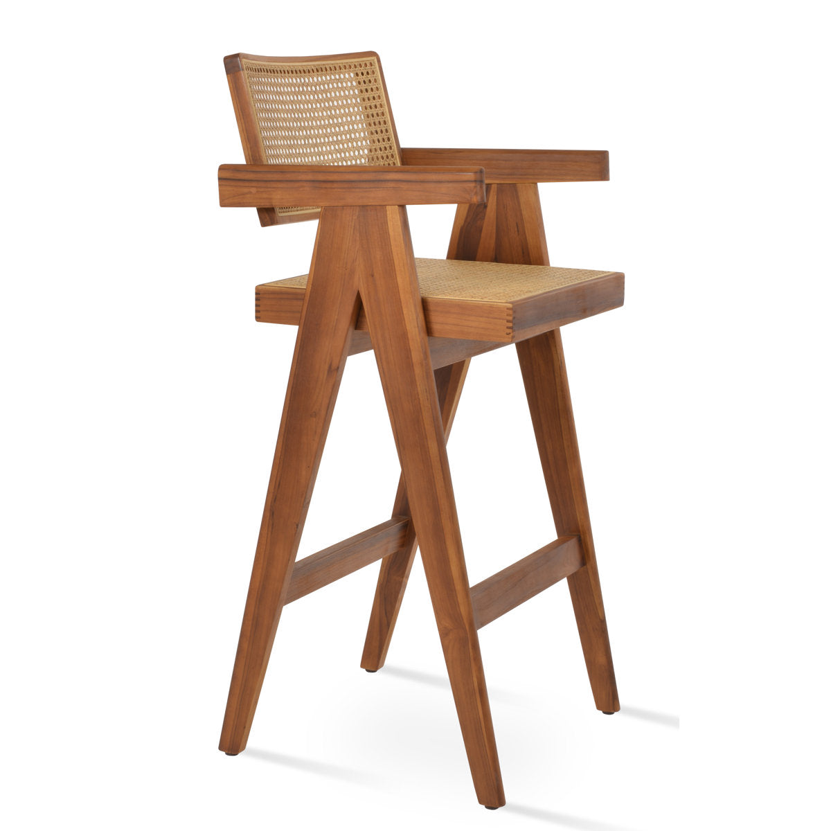 Counter Stool, 26 Inch Seat Height, Teak Wicker Seat, Brown Solid Wood Frame