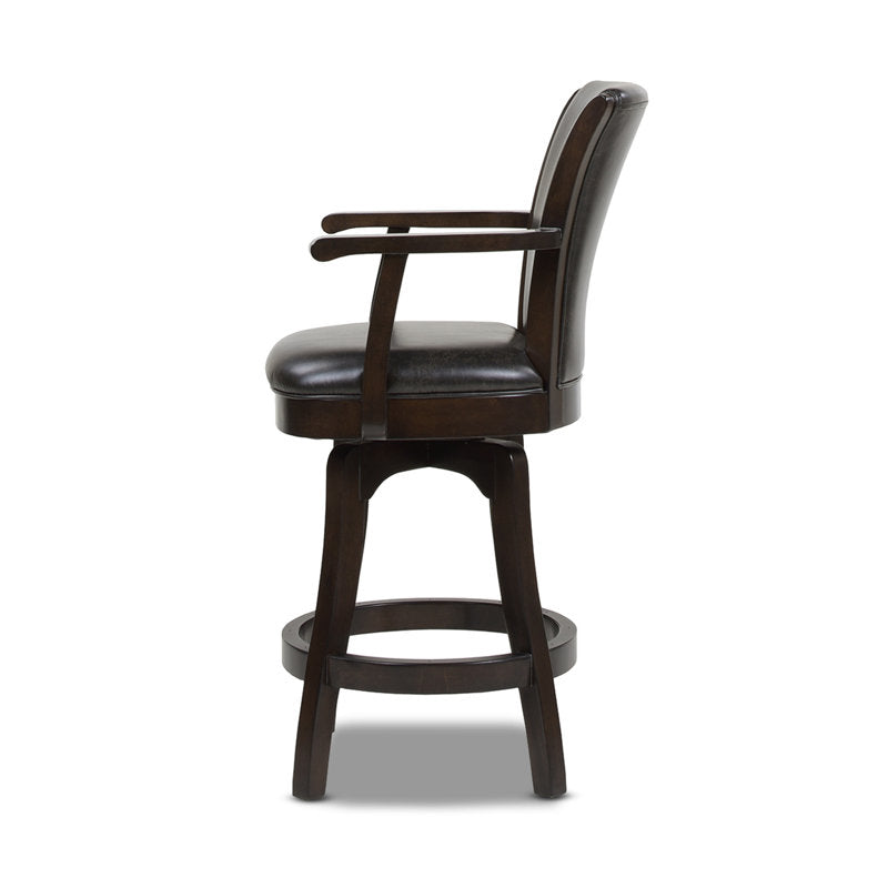 Counter Stool, Swivel, Vintage Brown Faux Leather, Solid Oak Frame