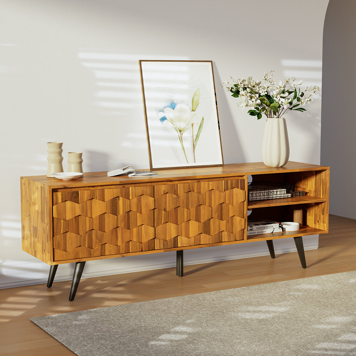 TV Stand, Solid Acacia Wood, 65 In. Wide, Teak Brown
