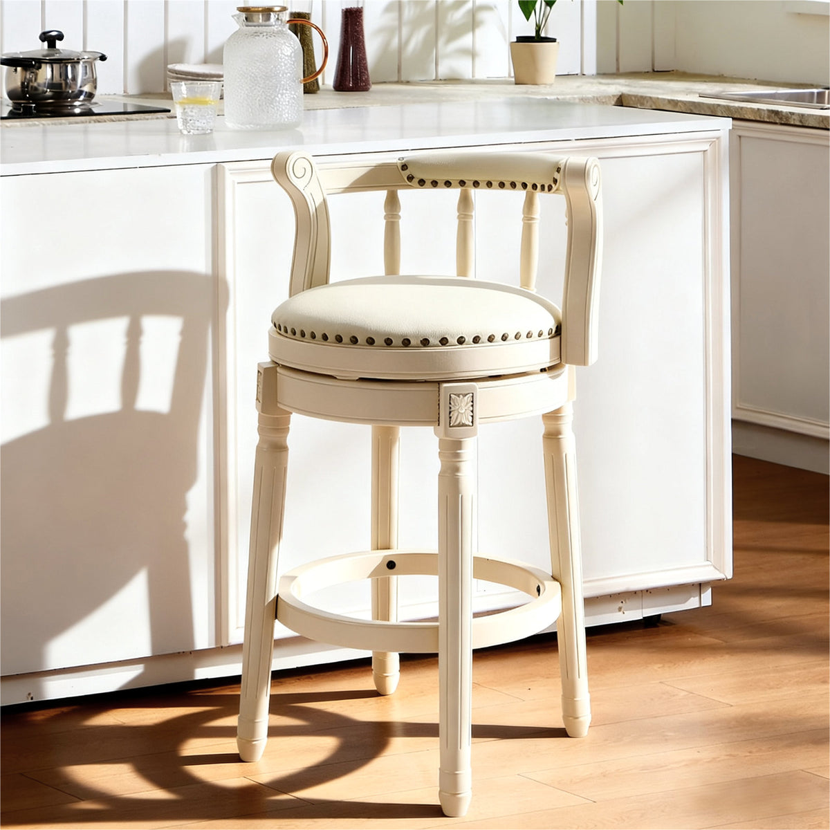 Counter Stool, 26 Inch Seat Height, Cream Upholstered Seat, Ivory Solid Wood Base