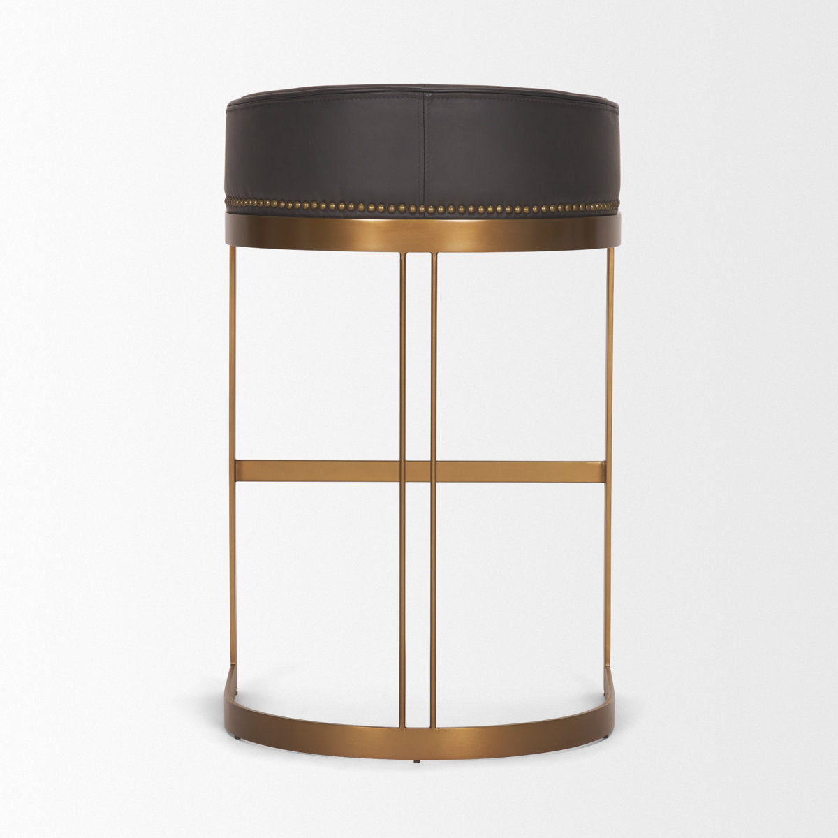Bar Stool, Brown Genuine Leather Seat, Gold Metal Sled Base