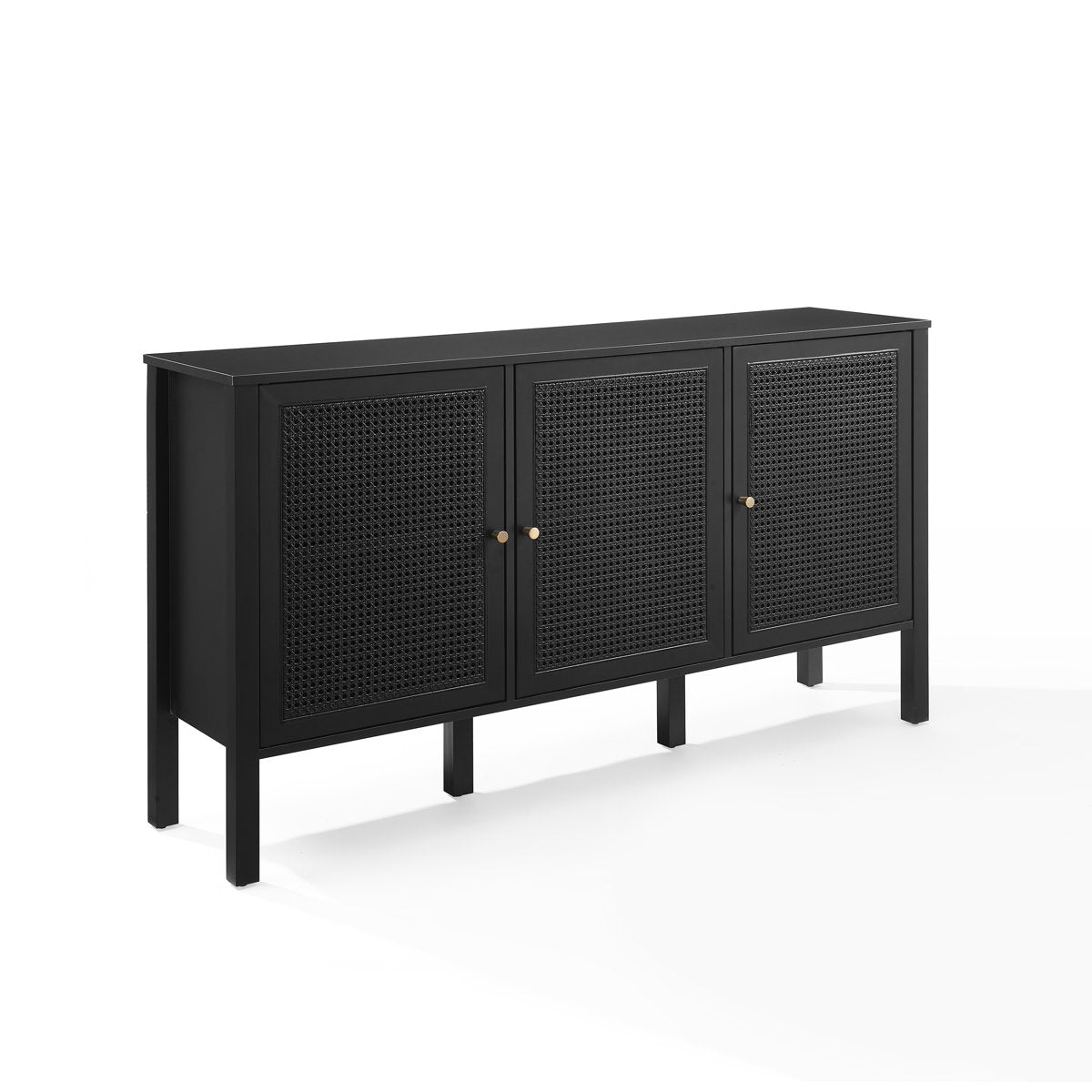 Sideboard, Solid and Manufactured Wood, Poly-Rattan Doors, Black