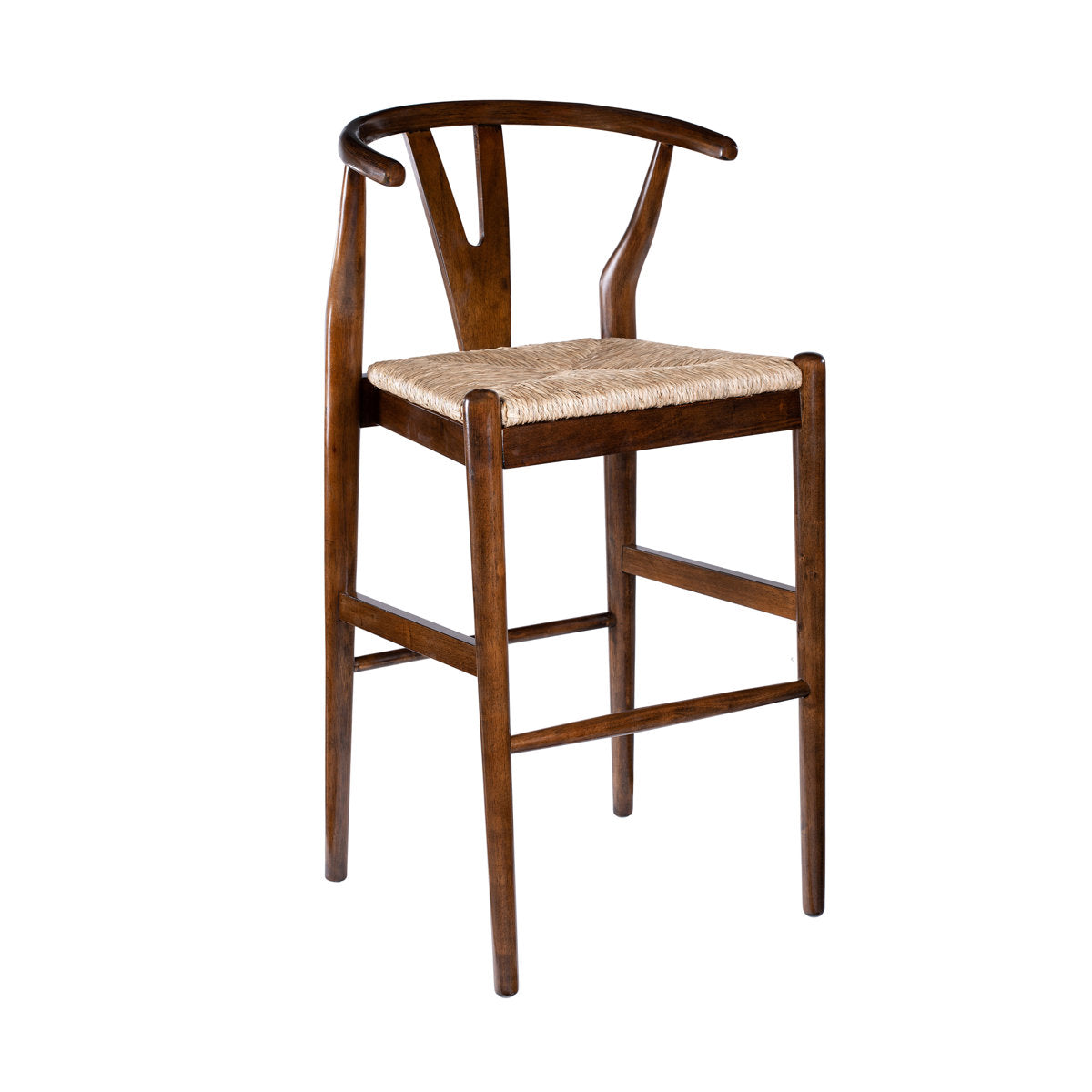 Bar Stool, Solid Rubberwood, Woven Rush Seat, Cappuccino Finish