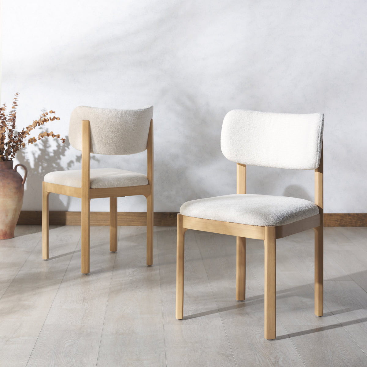 Side Chairs, Set of 2, Ivory Boucle, Beech Wood Frame