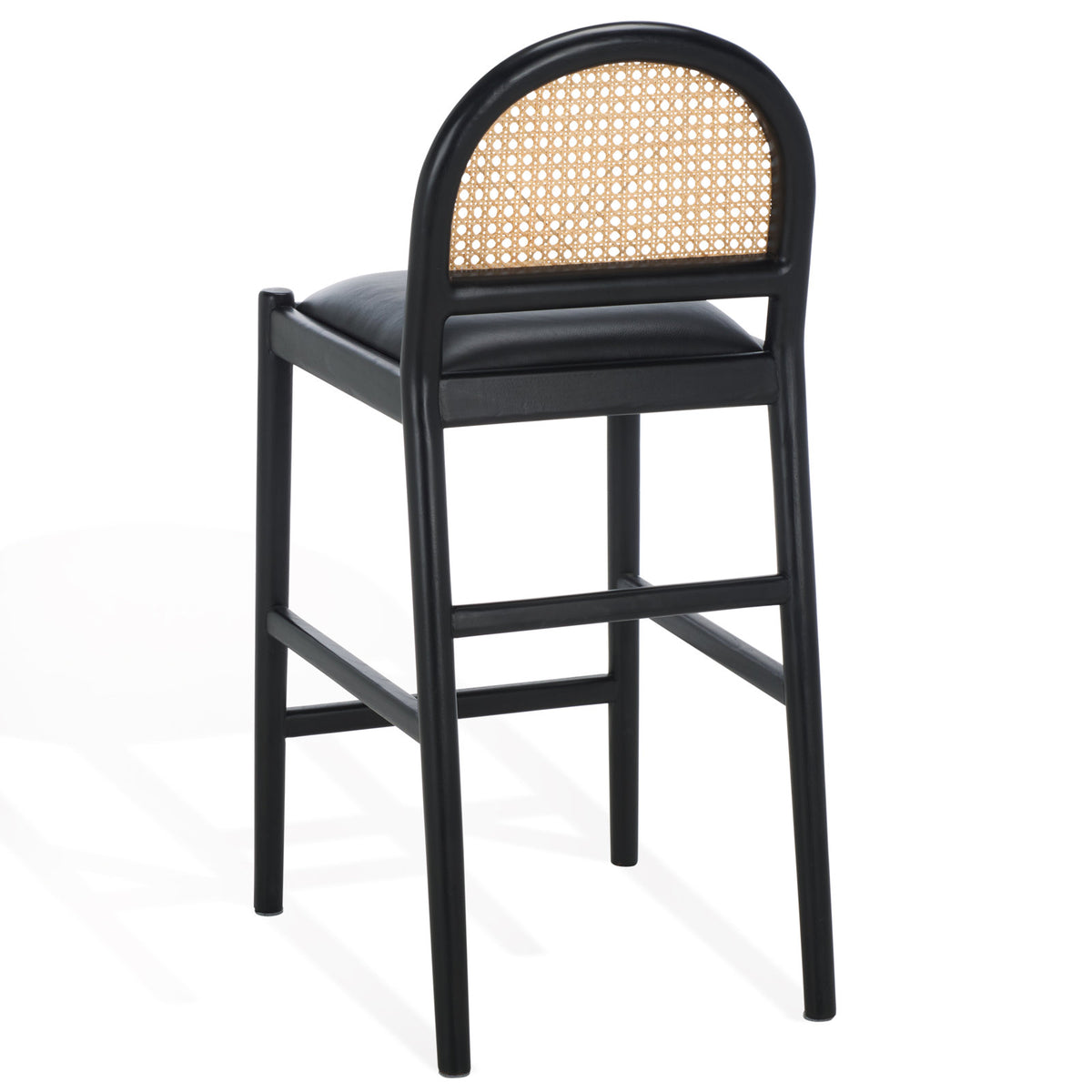 Counter Stool, Solid Wood Frame, Rattan Back, Black Upholstered Seat