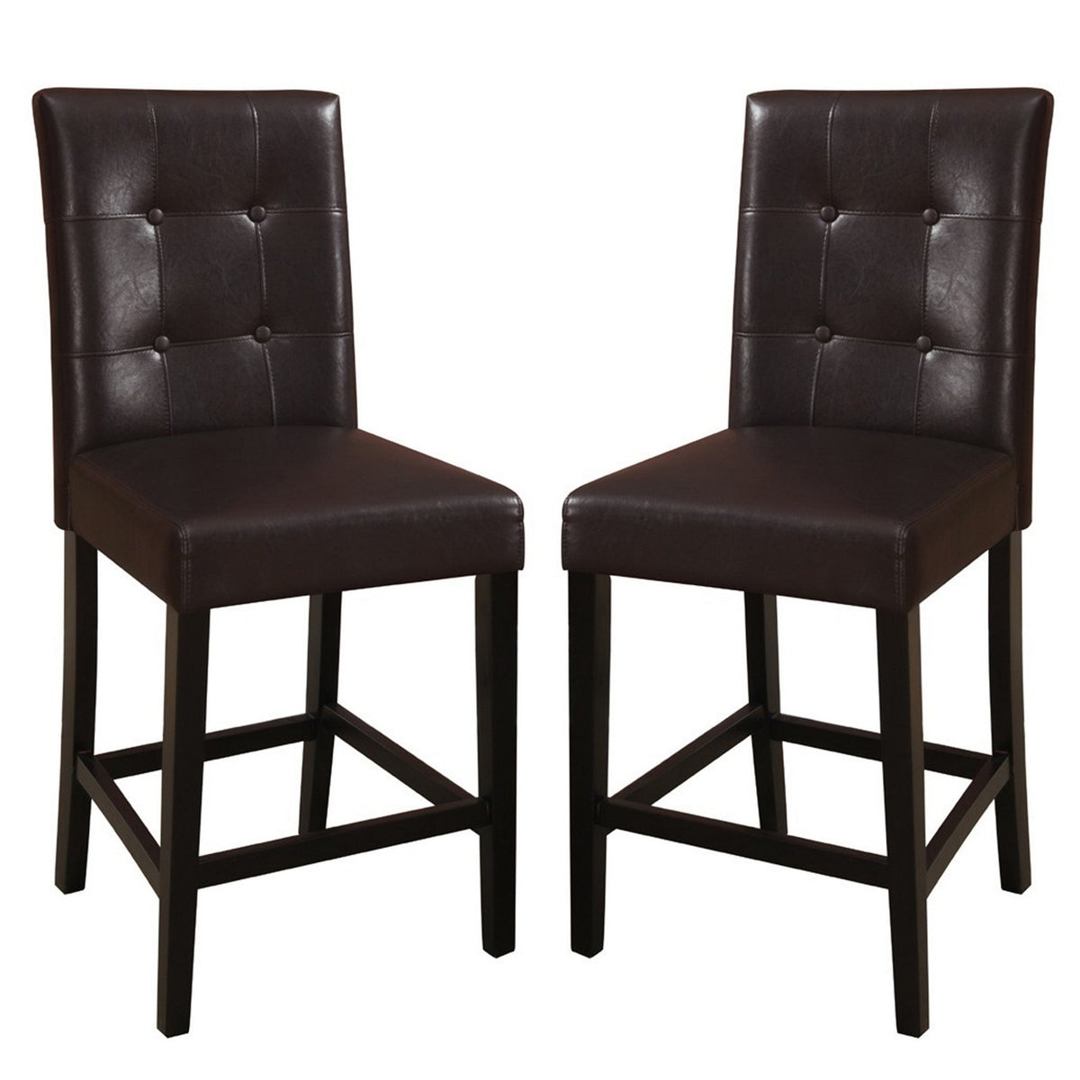 Counter Stools, Set of 2, Brown Faux Leather, Solid Wood Frame