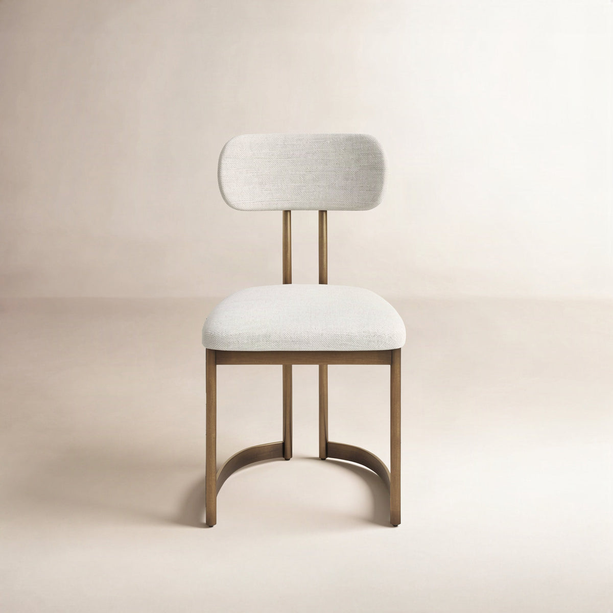 Side Chair, Linen Upholstered, Antique Brass Metal Legs, Off White
