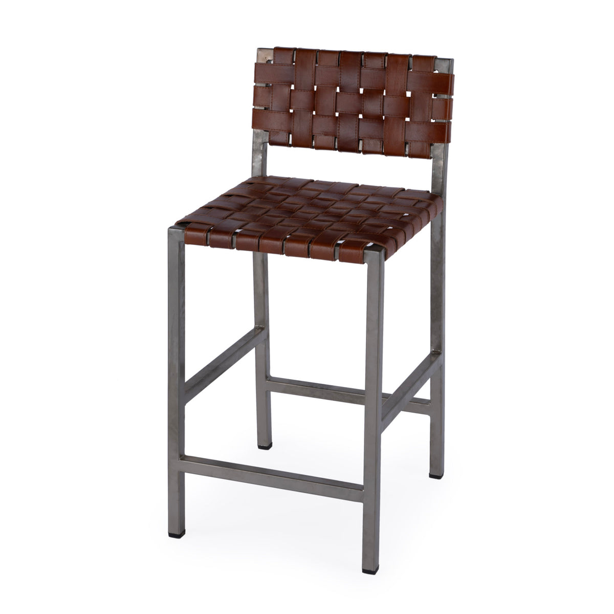Counter Stool, Brown Leather Seat, Silver Brushed Iron Frame